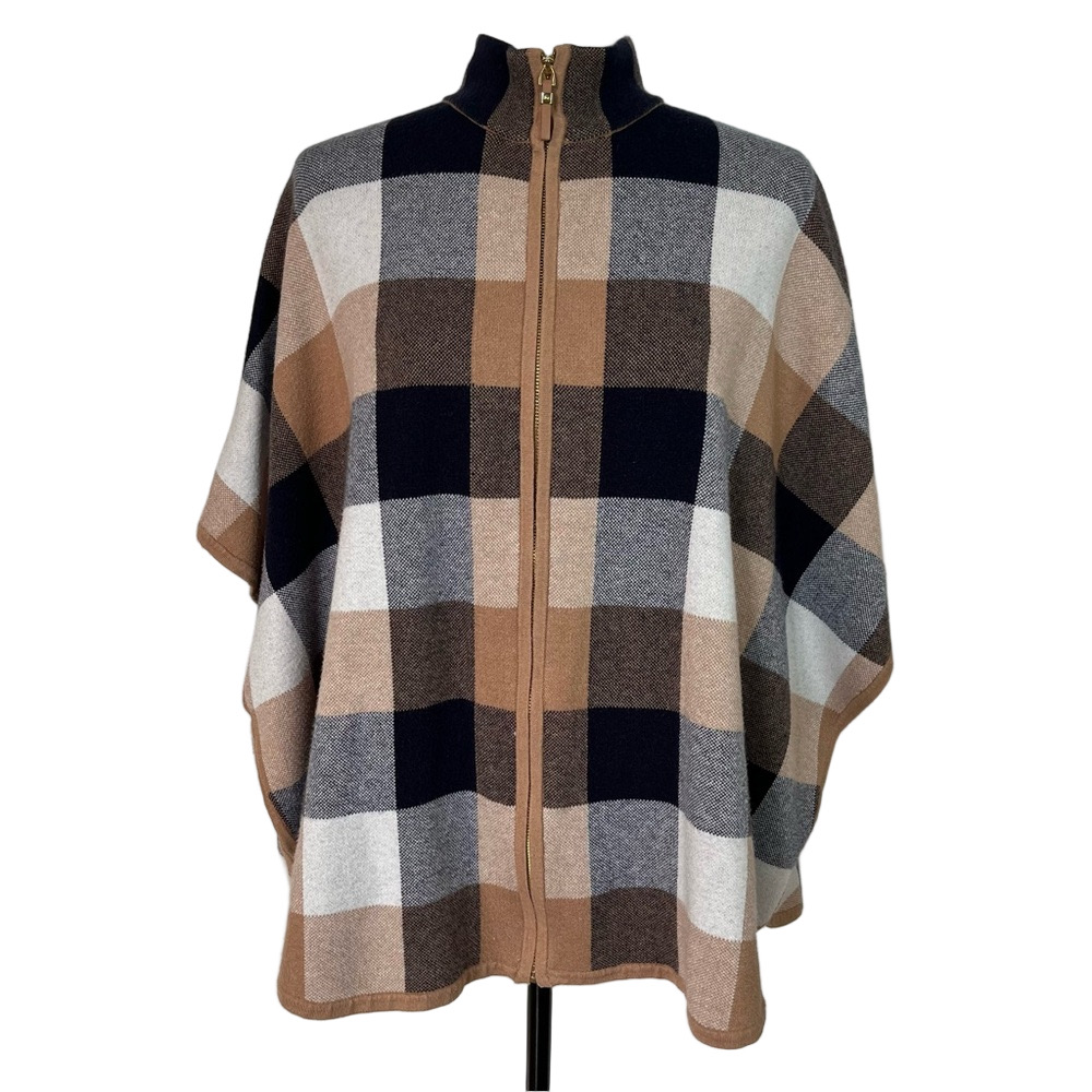 Tahari Tan Plaid Poncho S/M Zip Front Cape Wrap Cozy Checkered Mockneck Office